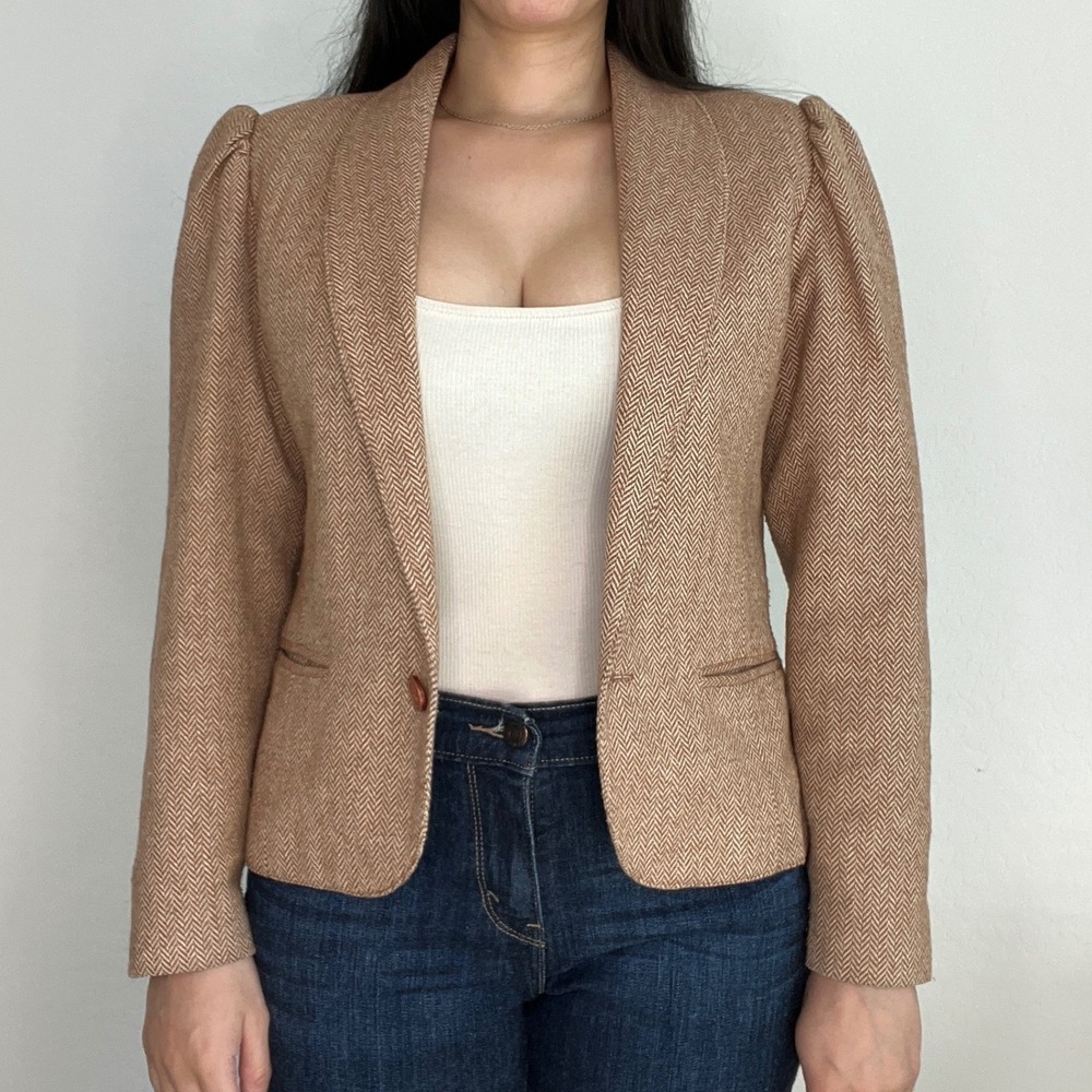 Vintage College Town Blazer Women 9/10 tan Herringbone Puff Shoulder ILGWU USA